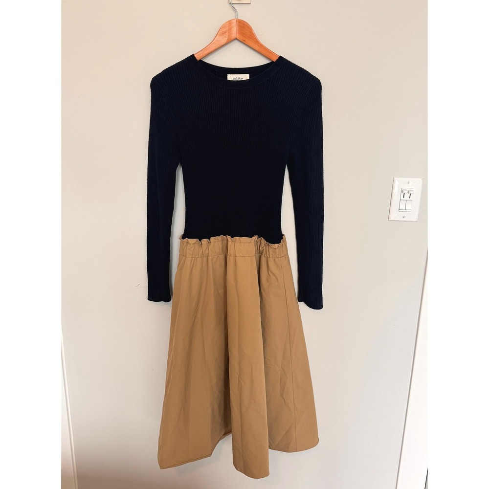 MILA OWEN | Mixed Media Dress Women Japanese Minimalism Navy Tan Paperbag Midi